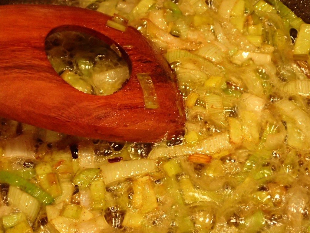 Cook Leeks for 5 minutes on medium-high heat