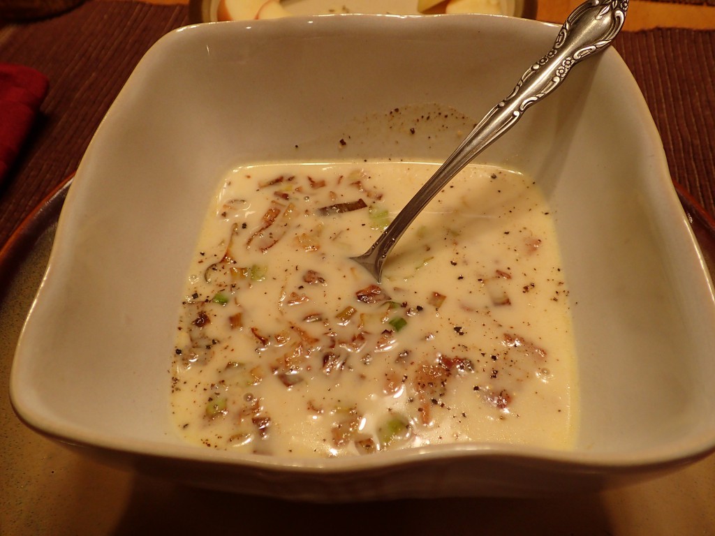 Mustard Soup with Bacon and Fried Leeks