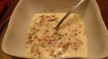 Mustard Soup with Crispy Bacon and Pan-Fried Leeks
