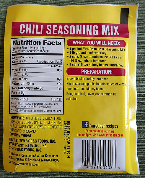 Mrs. Dash Chili Seasoning Mix, Back