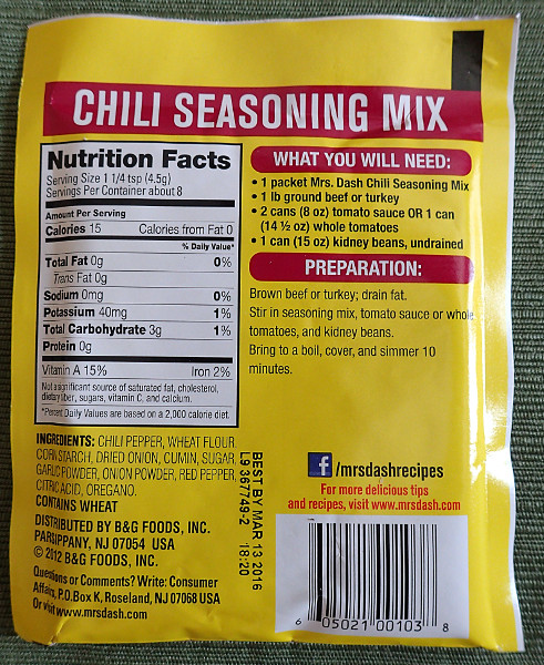 Calories in Chili Seasoning Mix from Mrs Dash